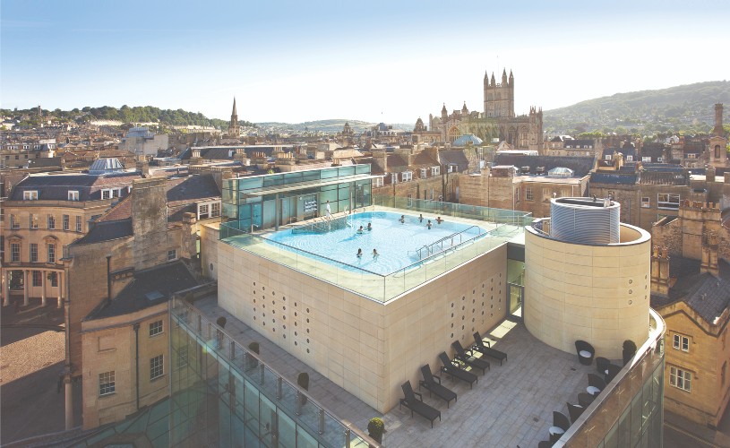 View of Thermae Bath Spa's rooftop pool and Bath skyline